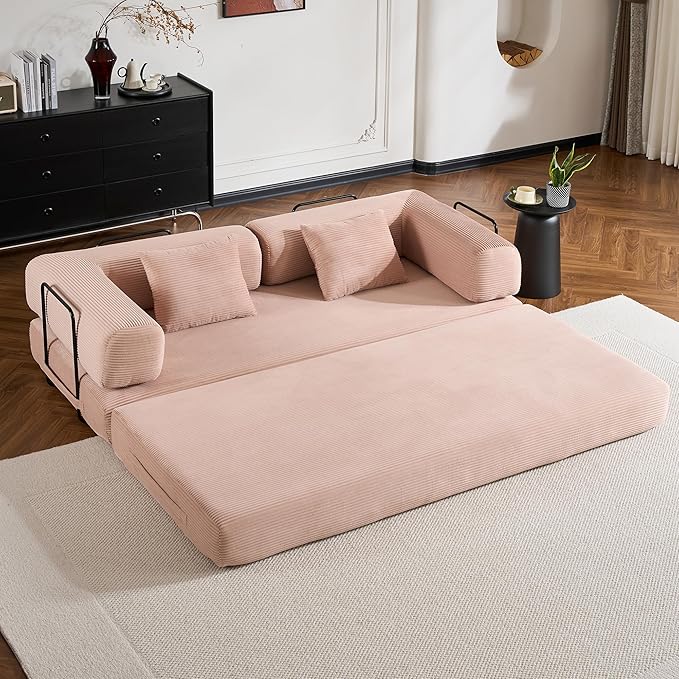 Convertible Folding Couch Bed, Comfy Corduroy Sleeper Floor Sofa Bed with Fixed-Shape Frame, Floor Sofa with Armrest, Lounge Couch for Living Room Bedroom Lounge Studio,Pale Pink