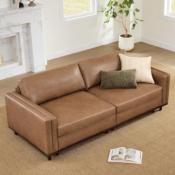 CHITA 83" Super Large Luxury Loveseat Sectional Modular Sofa, FSC Certified Down Filled Modern Sofa, Deep Seat Comfty Cloud Couch, 2 Seat Couch, Solid Wood Leg, Faux Leather in Camel