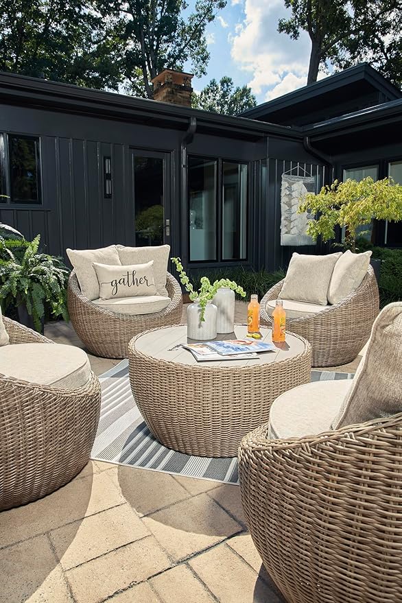 Signature Design by Ashley Danson Outdoor Lounge Chair with Cushion and 360-Degree Swivel, Set of 2, UV-Resistant Performance Fabric and Resin Wicker, Light Brown