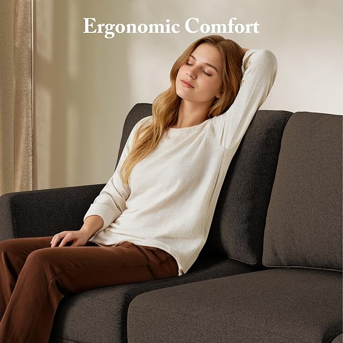 3 Seater Sofa Couch with Deep Seats, 89" Mid Century Modern Upholstered Sofa with Armrests, Comfy Couches for Living Room, Bedroom and Office, Linen Fabric Apartment Couch (Linen Brown)