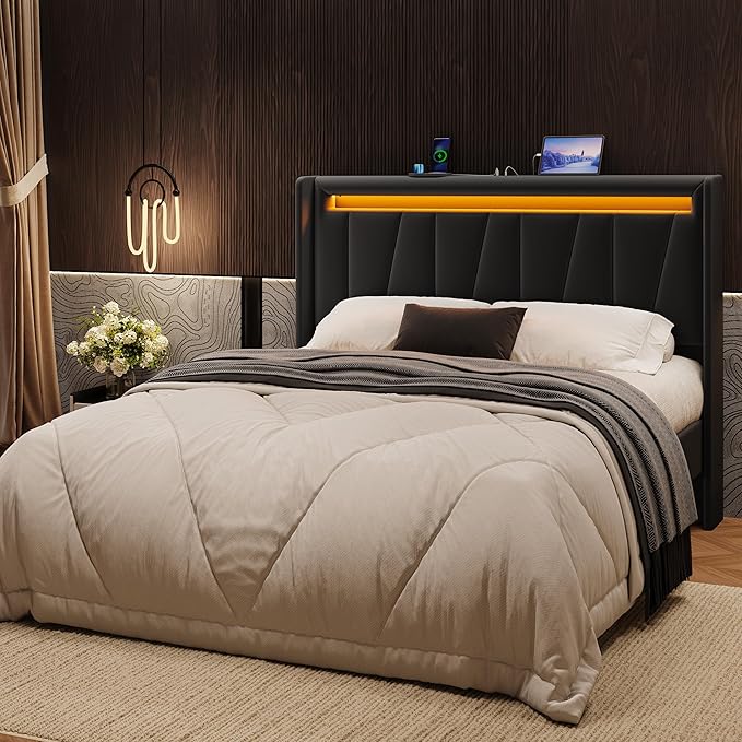 SHA CERLIN Full Size Bed Frame with Charging Station and LED Lights, Modern Velvet Platform Bed with Upholstered Geometric Wingback Headboard, No Box Spring Needed, Easy Assembly, Black