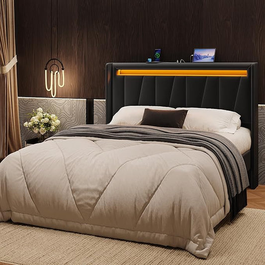 SHA CERLIN Full Size Bed Frame with Charging Station and LED Lights, Modern Velvet Platform Bed with Upholstered Geometric Wingback Headboard, No Box Spring Needed, Easy Assembly, Black