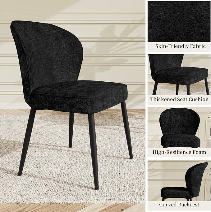 Dining Chairs Set of 2, Modern Fabric Dining Room Chairs with Curved Backrest Well-Padded Seat, Upholstered Kitchen Chairs for Living Dining Room, Black
