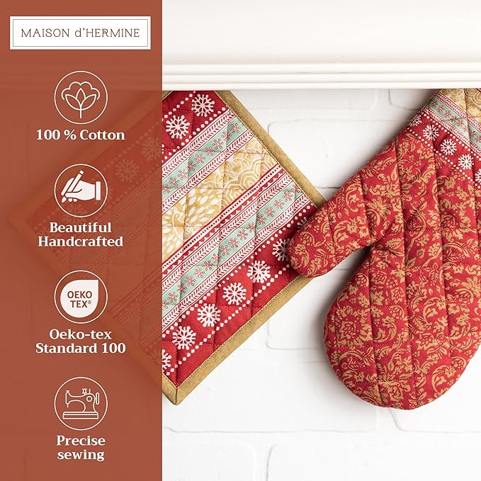 Maison d' Hermine 100% Cotton Oven Mitt & Pot Holder Set (7.5"x13" & 8"x8") Heat Resistant BBQ Cooking Gloves with Loop for Thanksgiving Christmas Decorations Handling Hot Pans (Sofia)