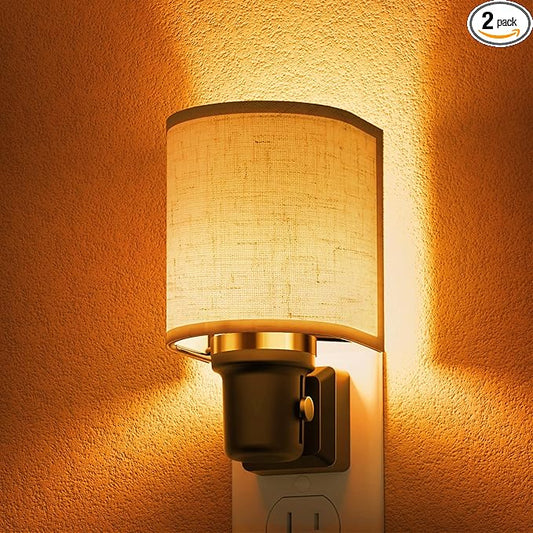 L LOHAS LED Amber Night Lights Plug into Wall, Plug in Night Light Dimmable, Farmhouse Decorative Nightlights Plug in Wall, Light Sensor, Linen Fabric Yellow Nightlight for Bedroom Hallway, 2 Pack