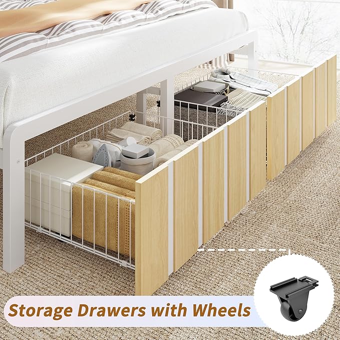 Queen Bed Frame with Storage Headboard & Dual Built-in Storage Drawers, Heavy Duty Platform Bed with 4-Device Charging Station and LED Lights, Noise-Free Design, No Box Spring Needed, White