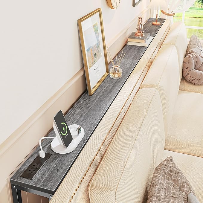 SUPERJARE 78.7 Inch Console Table with Outlet, Sofa Table with Charging Station, Narrow Hallway Entryway Table, Behind Couch Table, for Living Room, Charcoal Gray