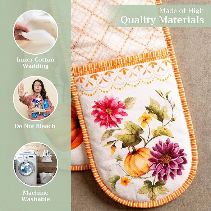 Maison d' Hermine Double Oven Mitt (7" x 35") 100% Cotton Heat Resistant BBQ Cooking Gloves with Loop for Thanksgiving Christmas Decorations Cooking Handling Hot Pan (Pumpkin Garden - Cloudy Cream)
