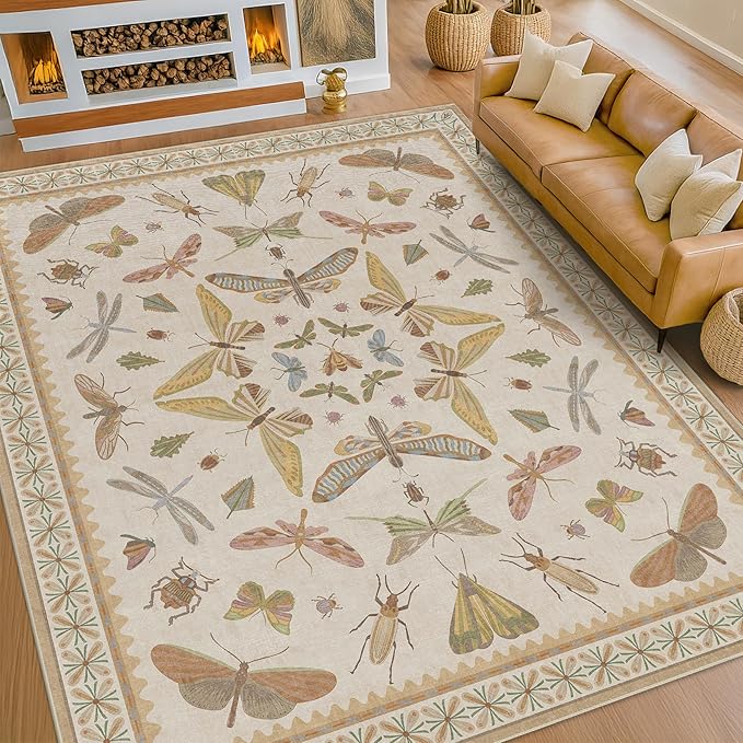 8x10 Fun Rugs For Bedroom - Maximalist Rug for Living Room, Playroom, Dining Room Under Kitchen Table, Washable Soft Stain Resistant Low Pile, Butterfly Insect Floral Cottage Decor, Beige & Yellow