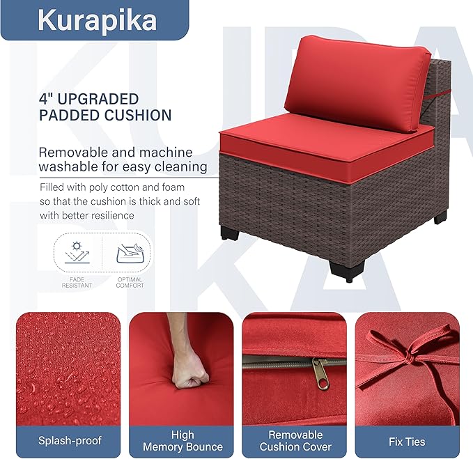 Kurapika 10 Pieces Patio Furniture Set, Rattan Wicker Sofa Set, Outdoor Conversation Sets w/Swivel Rocking Chairs Patio Sectional Sofa w/4 Inch Cushion, Red