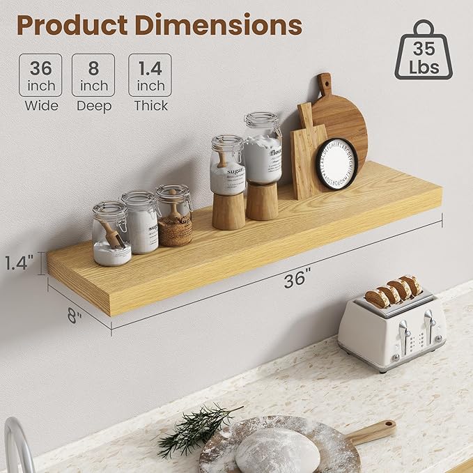 36 Inch Floating Shelves for Wall, 8 Inch Deep Floating Shelf for Storage & Display, Rustic Wall Mounted Shelf with Invisible Brackets for Living Room, Kitchen, Bathroom, Home Decor, Set of 2, Oak