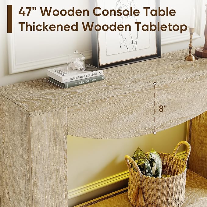 Farmhouse Console Table, 47 Inches Entryway Console Table with LED Light, Sofa Table Behind Couch, Wooden Accent Entryway Table for Living Room, Hallway