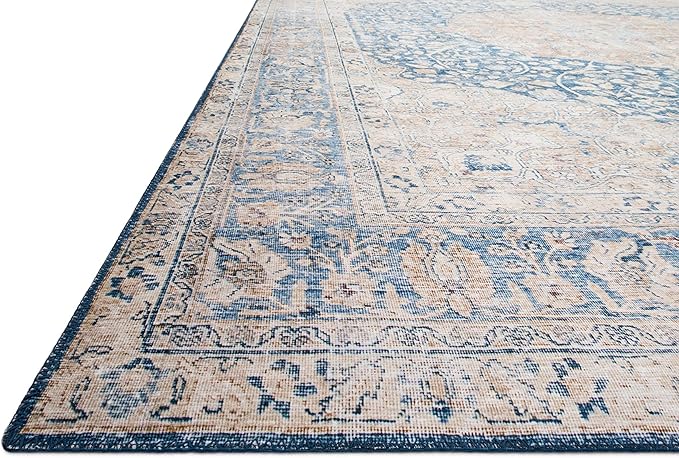 Loloi Layla Collection LAY-07 Blue/Tangerine 2'-6" x 9'-6" .13" Thick Runner Rug, Soft, Durable, Vintage Inspired, Distressed, Low Pile, Non-Shedding, Easy Clean, Printed, Living Room Rug