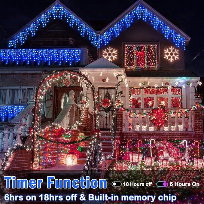 Hezbjiti Outdoor Christmas Lights, 400LED Ice Lights 33FT LED Fairy String Lights with 8 Modes and 75 Drops for Eaves, Party, Yard, Garden Decor（Bule）