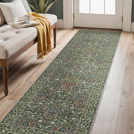 GENIMO Floral Washable Runner Rug 2’6”x8’, Non-Slip Long Hallway Carpet for Entryway, Kitchen, Indoor Floor Use, Vintage Boho Soft Thin Rug Décor, Emerald Green