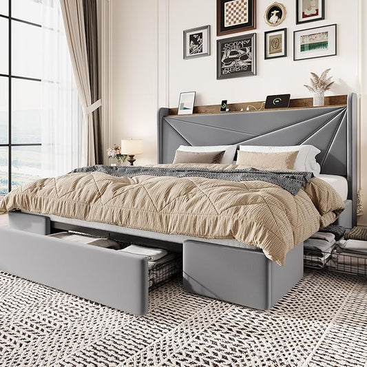 SHA CERLIN King Size Bed Frame with 3 Drawers, USB & Type-C Charging Ports, Velvet Upholstered Platform Bed with Modern Geometric Wingback Storage Headboard, No Box Spring Needed, Easy Assembly, Grey