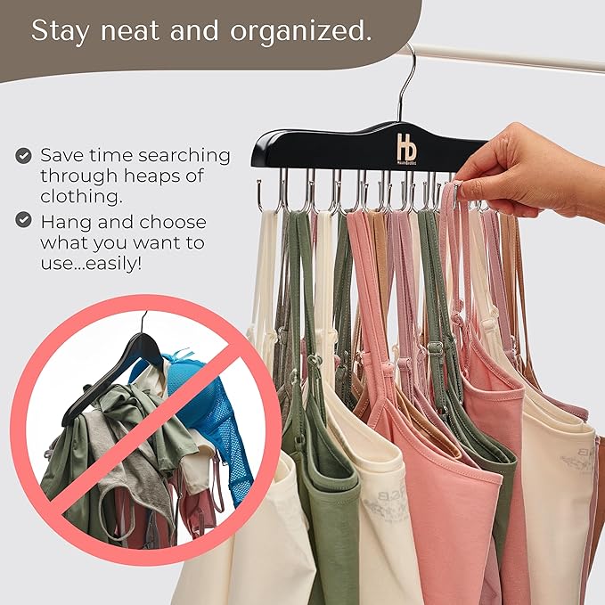 Large Bra Hanger and Bra Organizer for Closet – Tank Top Hanger Space Saving for House, Dorm, Apartment - Foldable Wooden for Closet Organizer– with 20 Hooks, Lotus Wood, Black, 2 Pack