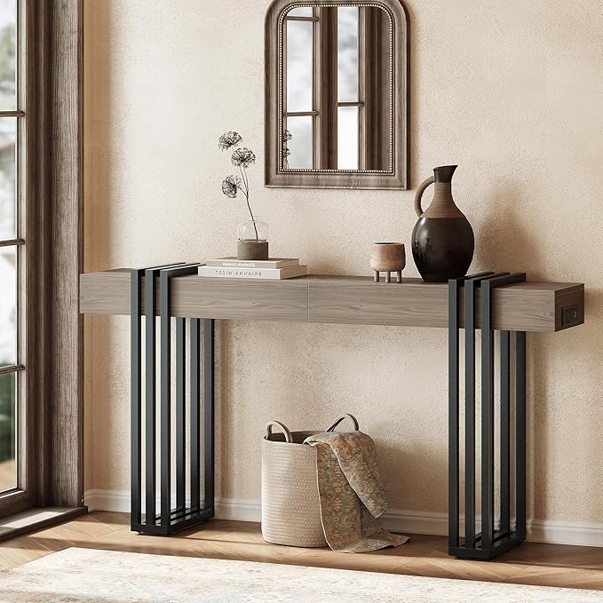 63" Long Console Table for Entryway - Behind Couch Table for Living Room, Wood Sofa Tables with Black Parallel Metal Frame & Power Outlet for Hallway, Entrance, Narrow Foyer, Light Walnut