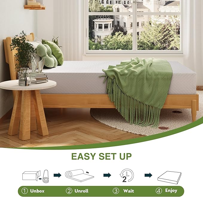 EGOHOME 10 Inch Queen Mattress, Memory Foam Mattress in a Box with Cooling Green Tea Gel, Relieve Pressure with Medium Support, CertiPUR-US Certified, 80''L x 60''W, White