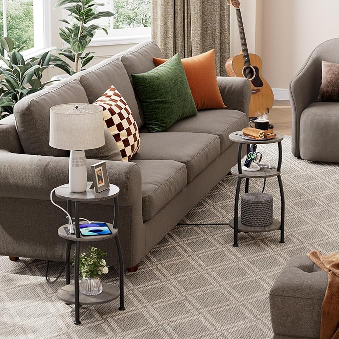 Round Side Table with Power Outlet & USB Ports, 3-Tier End Table with Storage Shelf, Modern Rustic Nightstand, Small Spaces Accent Table for Living Room Bedroom, Easy Assembly, Grey