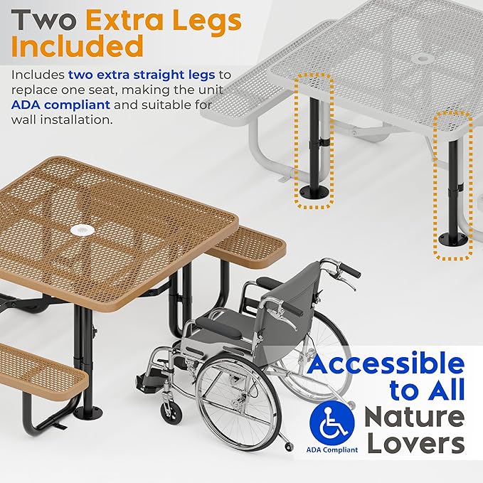 Metal Picnic Tables for Outdoors with Umbrella Hole - Coated Steel Heavy Duty Commercial Grade Furniture with Adjustable Seats (Brown, 46 in, Square, Expanded Steel)