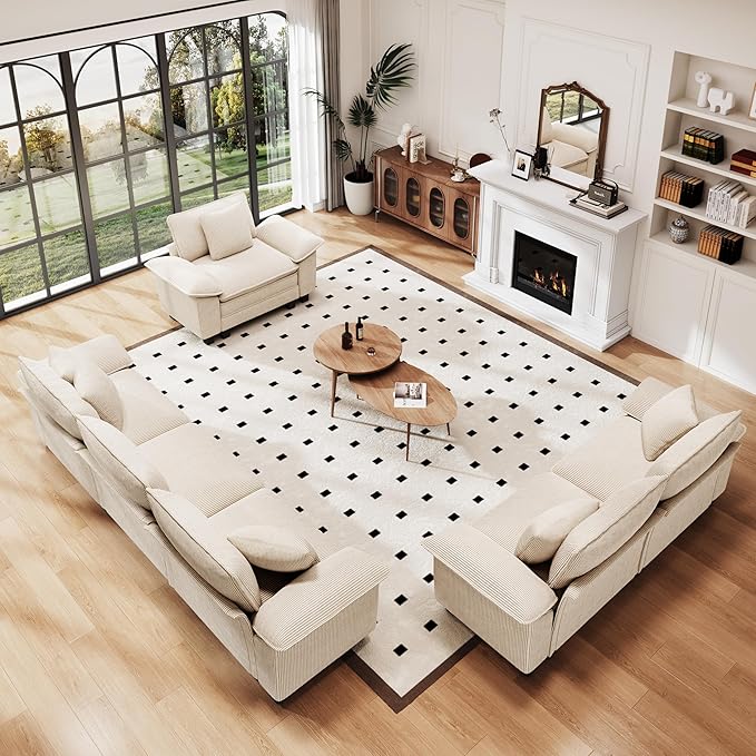 PHI VILLA Cloud Modular Couches Sets, 3 Pieces Large Sectional Sofa Set with Loveseats & Armchair, 6-Seater Upholstered Couch for Living Room, Corduroy Fabric, Beige