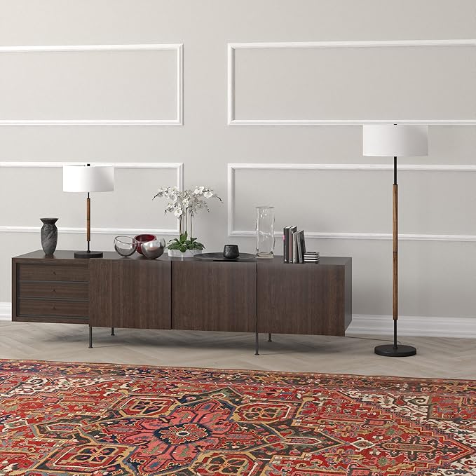 Henn&Hart 2-Light Floor Lamp with Fabric Shade in Blackened Bronze/Rustic Oak/White, Floor Lamp for Home Office, Bedroom, Living Room, 61" Tall