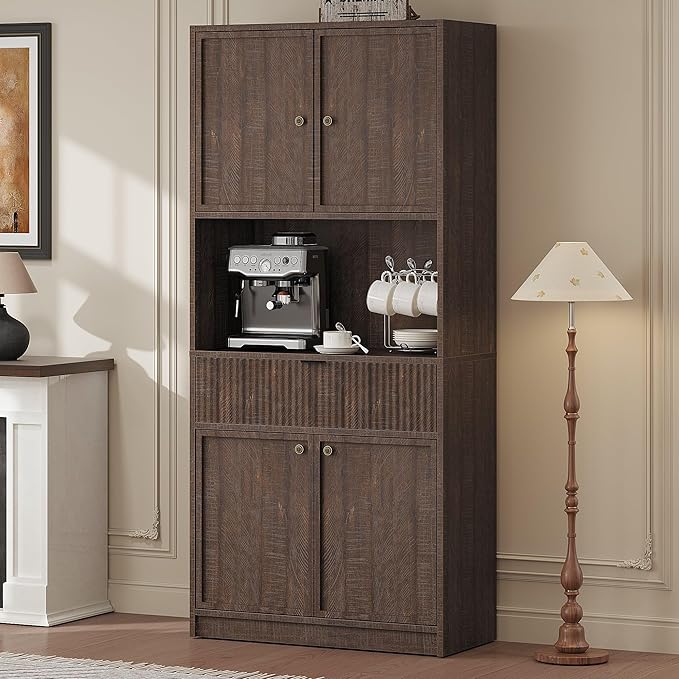 IDEALHOUSE Tall Storage Cabinet, 70" Kitchen Pantry Cabinet with Doors, Fluted Kitchen Hutch Cupboard with Microwave Shelf & Drawer, Freestanding Cupboard for Dining Room, Living Room, Brownish Red