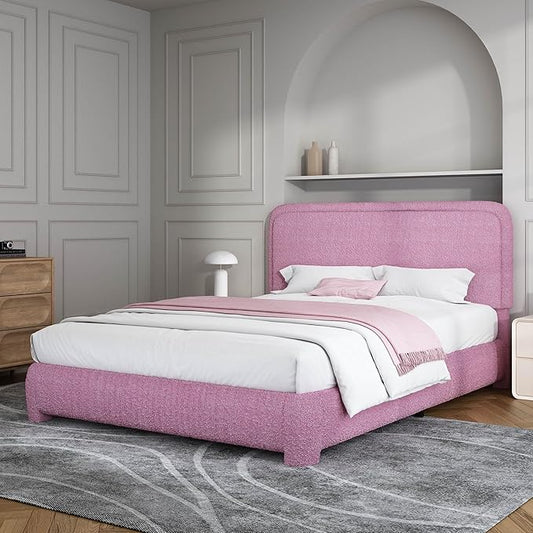 BarnFurin Full Size Bed Frame with Headboard, Boucle Upholstered Platform Bed Frame, Modern Style, Soft Rounded Corners, No Box Spring Required, Easy Assembly, Rose Pink