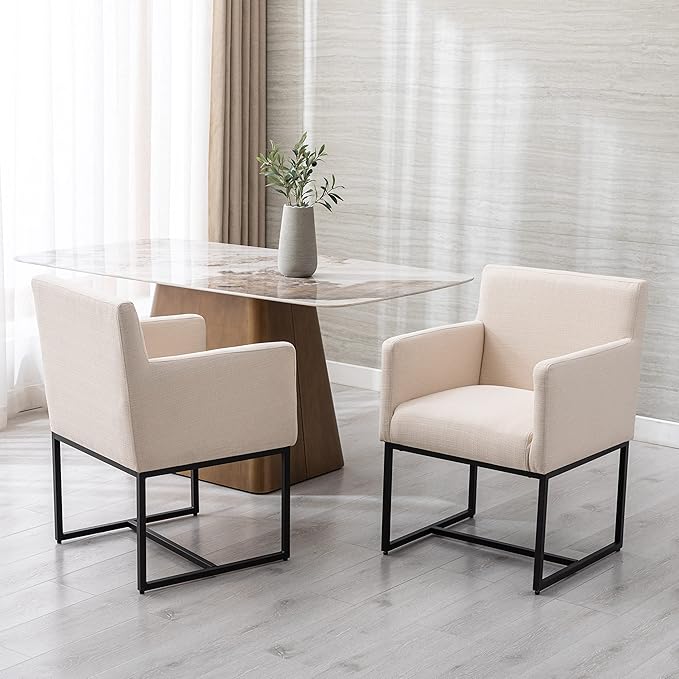 Linen Upholstered Dining Chairs with Arms Set of 2, Mid Century Modern Kitchen Chairs with Black Metal Frame Accent Armchairs Padded, Cream