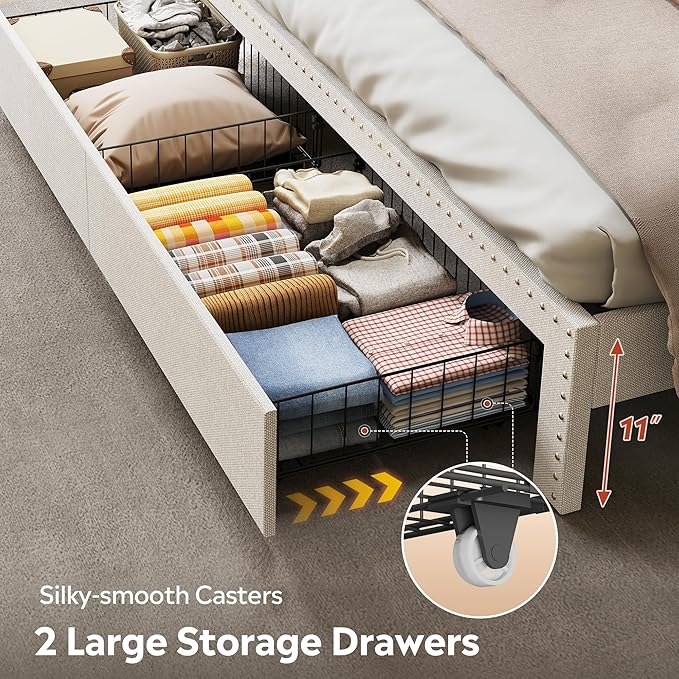 WLIVE Queen Size Upholstered Bed Frame with 2 Drawers, Linen Tufted Storage Headboard with Charging Ports and LED Light, Sturdy Metal & Wooden Slats Support, No Box Spring Needed, Beige