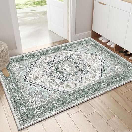 OPPODREAM Thin Throw Rugs 2x3, Small Washable Entryway Rugs 2 x 3 with Non Slip Backing, Low-Pile Faux Cashmere 2 x 3 Carpet, Green