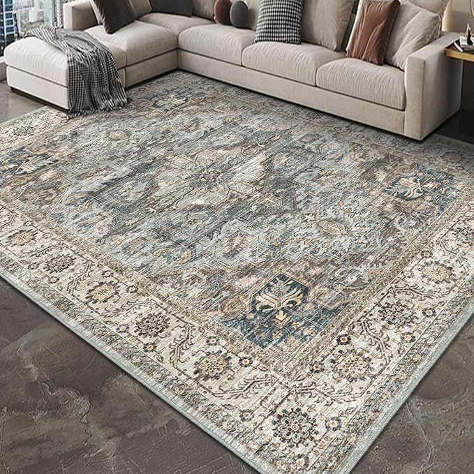 Machine Washable Rug 8x10 - Vintage Inspired Distressed Design Large Area Rugs,Soft Durable, Stain Resistant, Non-Shedding, Easy Clean Area Rugs (Olive/Taupe, 8X10)