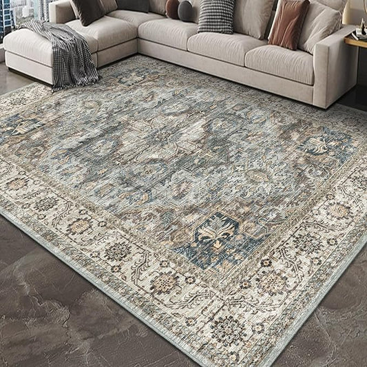 Machine Washable Rug 8x10 - Vintage Inspired Distressed Design Large Area Rugs,Soft Durable, Stain Resistant, Non-Shedding, Easy Clean Area Rugs (Olive/Taupe, 8X10)