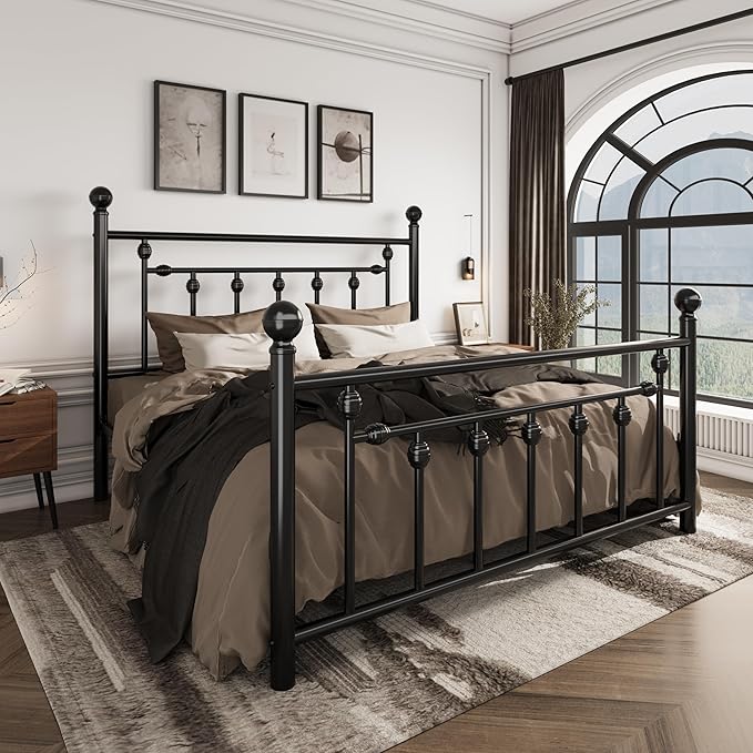 SHA CERLIN 14'' Full Size Metal Platform Bed Frame/Victorian Headboard and Footboard/Steel Slats Mattress Foundation for Storage/No Box Spring Needed/Noise Free/Black