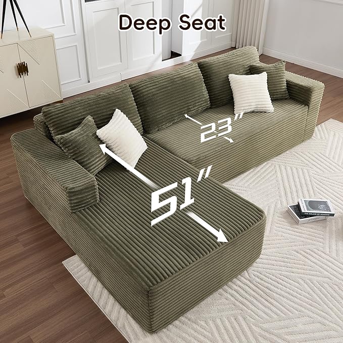 108" Boneless Couches for Living Room, Modular Sectional Sofa with Oversized Chaise, L-Shape Cloud Couch with Deep Seat, High-Density Memory Foam, No Assembly Required, Plush Corduroy Green