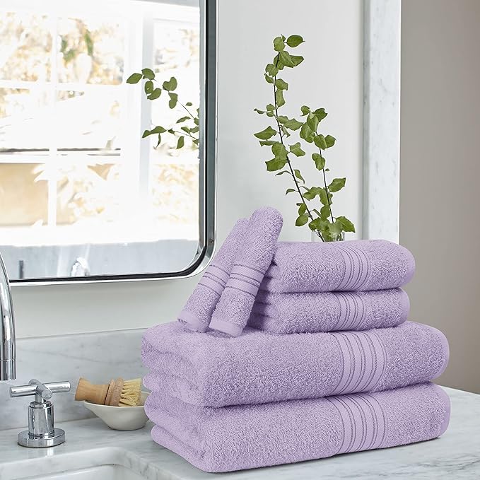 BOUTIQUO 6 Pack Cotton Towel Set, Contains 2 Bath Towels 28x55 inch, 2 Hand Towels 16x24 inch & 2 Wash Coths 12x12 inch, Ideal Everyday use, Ultra Soft Compact & Lightweight - Purple