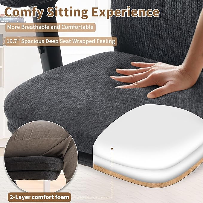 Office Chair Adjustable Desk Chair Mid Back Comfortable Linen Ergonomic Back Support Home Computer Chair with Padded 2D Flip-up Armrest Swivel Wheels (Navy Blue)