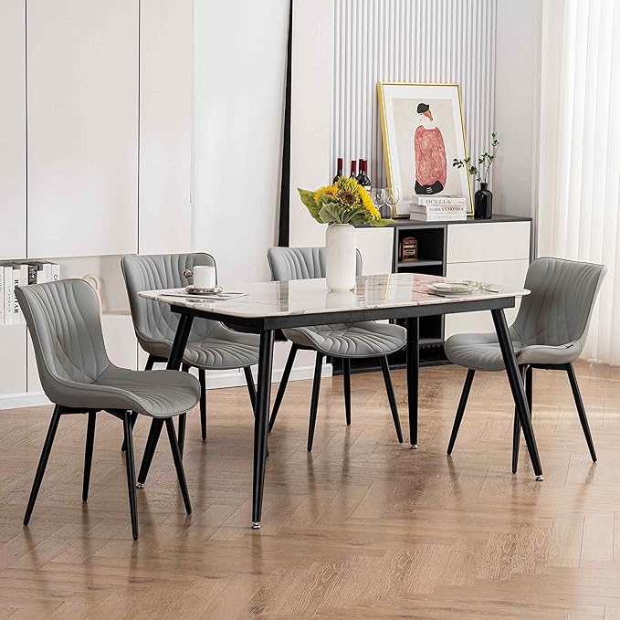 YOUTASTE Dining Chairs Set of 2, Mid Century Modern Upholstered Faux Leather Kitchen Room Chairs, with Black Metal Legs, Armless Accent Chair for Living Room, Bedroom, Vanity, Grey