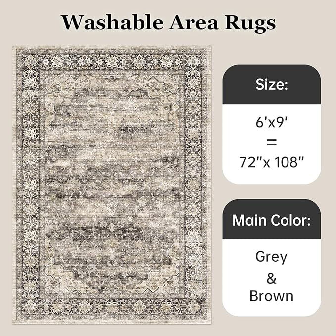 6x9 Living Room Rug Non Slip with Rubber Backing Machine Washable Soft Faux Fur Low Pile Stain Resistant Boho Vintage Euro Floral Carpet Rug for Bedroom Dining Room Kid's Room Home Office,Hazel Brown