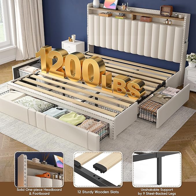 EnHomee King Size Bed Frame, Upholstered King Bed Frame with 4 Storage Drawers & 2-Tier Headboard Shelves, 1200LBS Heavy Duty, No Box Spring Needed, Easy Assembly, Beige