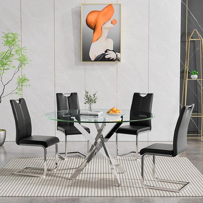 Goujxcy Round Dining Table Set for 4, Modern Glass Kitchen Table and Chairs Set of 4, 5 Piece Dining Room Table Set with 47" Circle Silver Metal Glass Dinner Tables and 4 Black Leather Dining Chairs