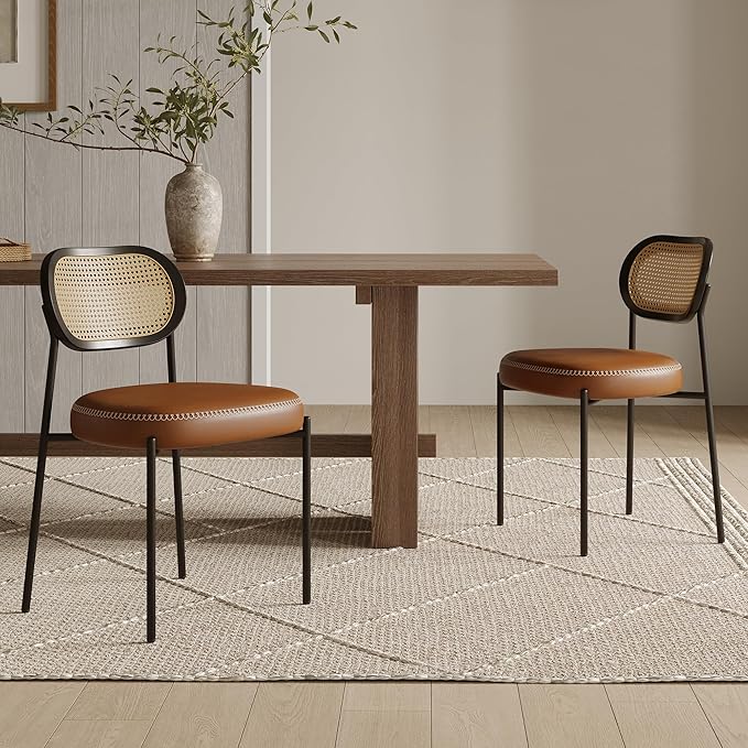Rattan Dining Chairs Set of 2, Camel Leather Upholstered Dining Chairs with Rattan Cane Back, Mid Century Modern Dining Room Chairs with Black Metal Legs & D-Shaped Thicken Cushion, Camel