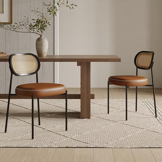Rattan Dining Chairs Set of 2, Camel Leather Upholstered Dining Chairs with Rattan Cane Back, Mid Century Modern Dining Room Chairs with Black Metal Legs & D-Shaped Thicken Cushion, Camel