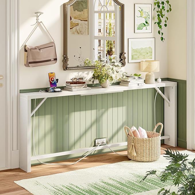 TIQLAB Sofa Table, 79 inch (1.2'' Thickness) Long Console Table Behind Couch, Narrow Entryway Table with Angled Metal Frame, Industrial Console Table, White