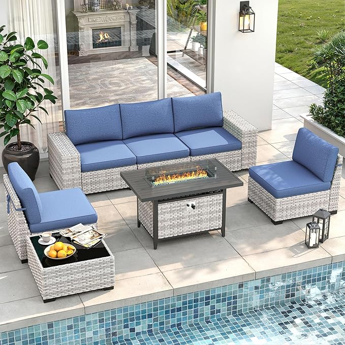 7 Piece Outdoor Wicker Rattan Sectional Sofa Set with Fire Pit Table, 5-Seats Conversation Set with 4" Thickened Cushions & Coffee Table, All-Weather PE Rattan for Garden, Backyard, Porch, Bule
