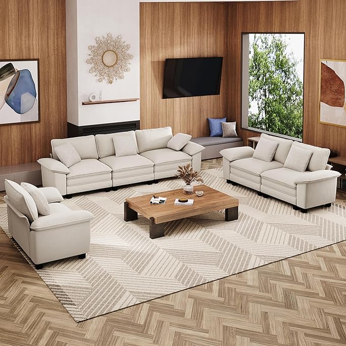 U-Shaped Cloud Modular Sofa Set, Deep Seat 3-Piece 6-Seater Sectional Couch & Removable Arms, Plush Chenille for Living Room - Beige