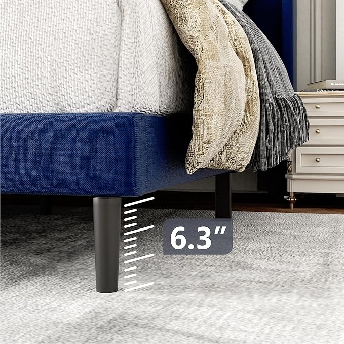 Full Size Bed Frame with Upholstered Wingback Headboard, Easy Assemnly Platform Bed, Wooden Slat Support No Box Spring Needed, Navy Blue