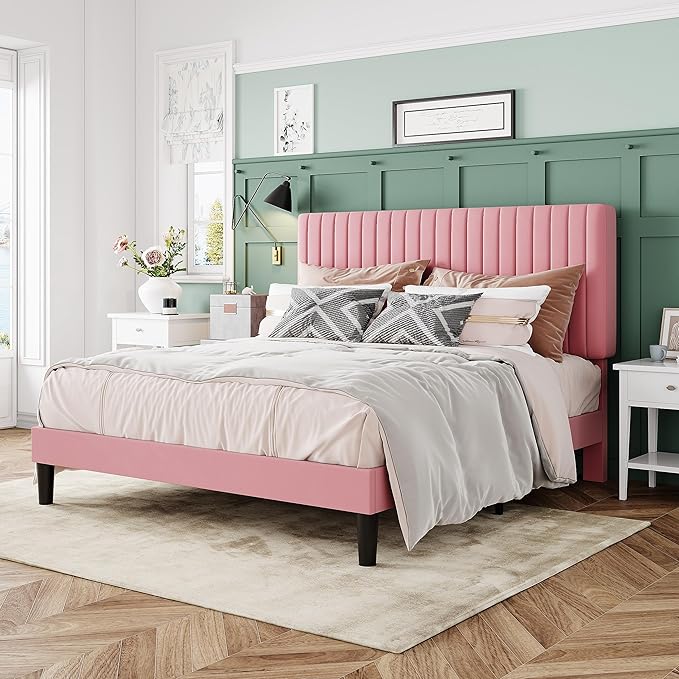 Allewie Full Bed Frame, Velvet Upholstered Platform Bed with Adjustable Vertical Channel Tufted Headboard, Mattress Foundation with Strong Wooden Slats, Box Spring Optional, Easy Assembly, Pink