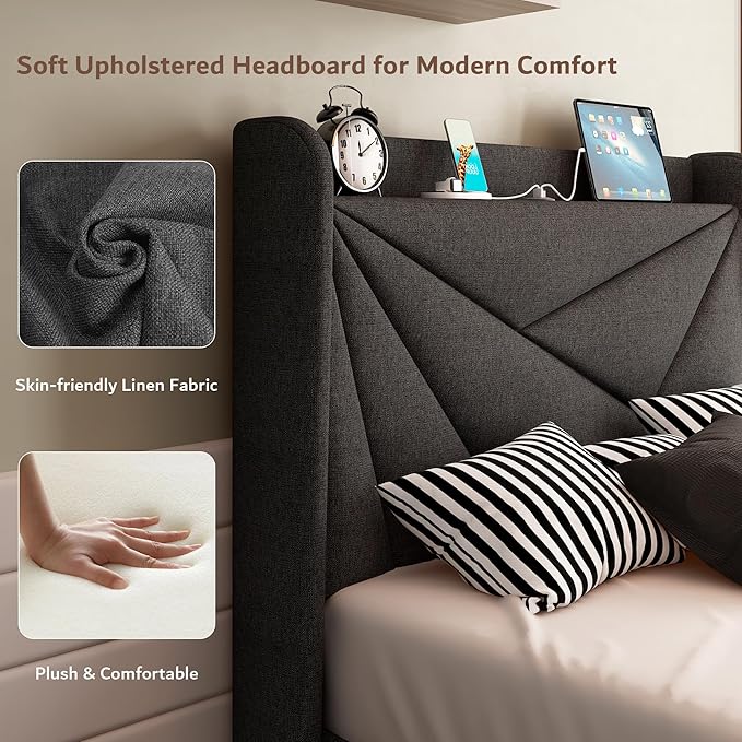 iPormis Twin Size Bed Frame with Charging Station, Linen Platform Bed Frame with Wingback Upholstered Headboard, Solid Wood Slats Support, No Box Spring Needed, Easy Assembly, Dark Grey